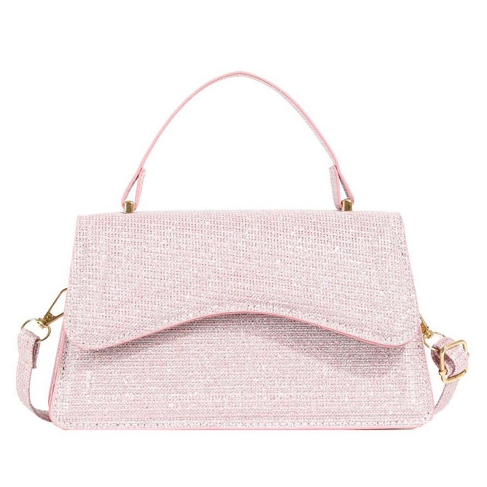 Glittered Pink Top Handle Flap Square Crossbody Bag